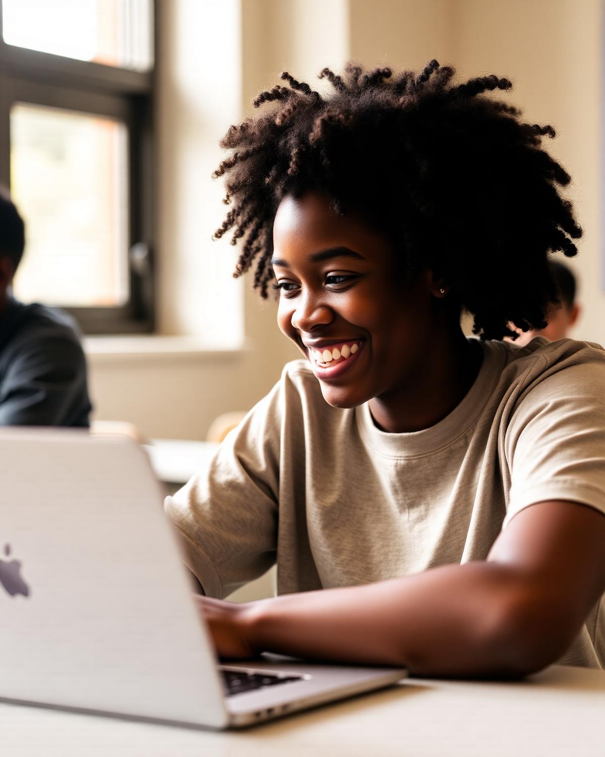 A student in Atlanta smiling while working on a laptop in a bright classroom